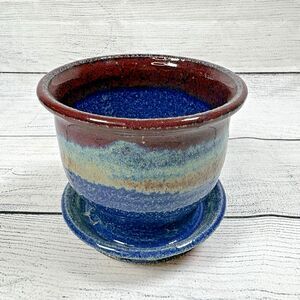 Handcrafted Blue Burgundy Glazed Ceramic Planter Saucer Attached 4"x4" Pottery